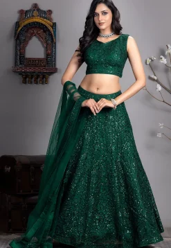 Embroidered Net Lehenga in Dark Green