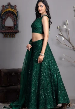 Embroidered Net Lehenga in Dark Green