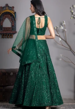 Embroidered Net Lehenga in Dark Green