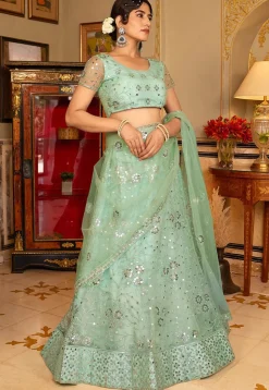 Embroidered Net Lehenga in Light Green
