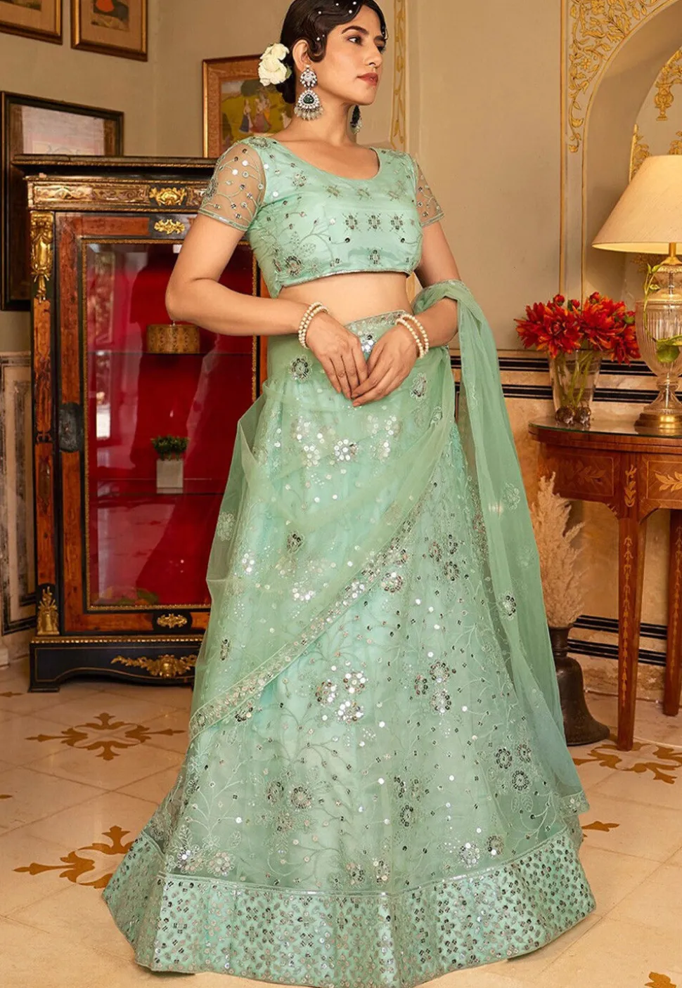 Embroidered Net Lehenga in Light Green