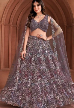 Embroidered Net Lehenga in Purple