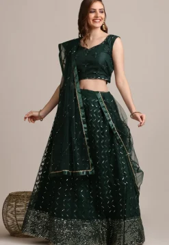 Embroidered Net Lehenga in Dark Green