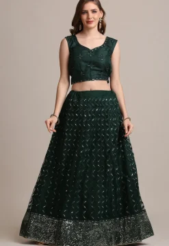Embroidered Net Lehenga in Dark Green