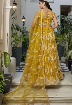 Embroidered Net Lehenga in Mustard