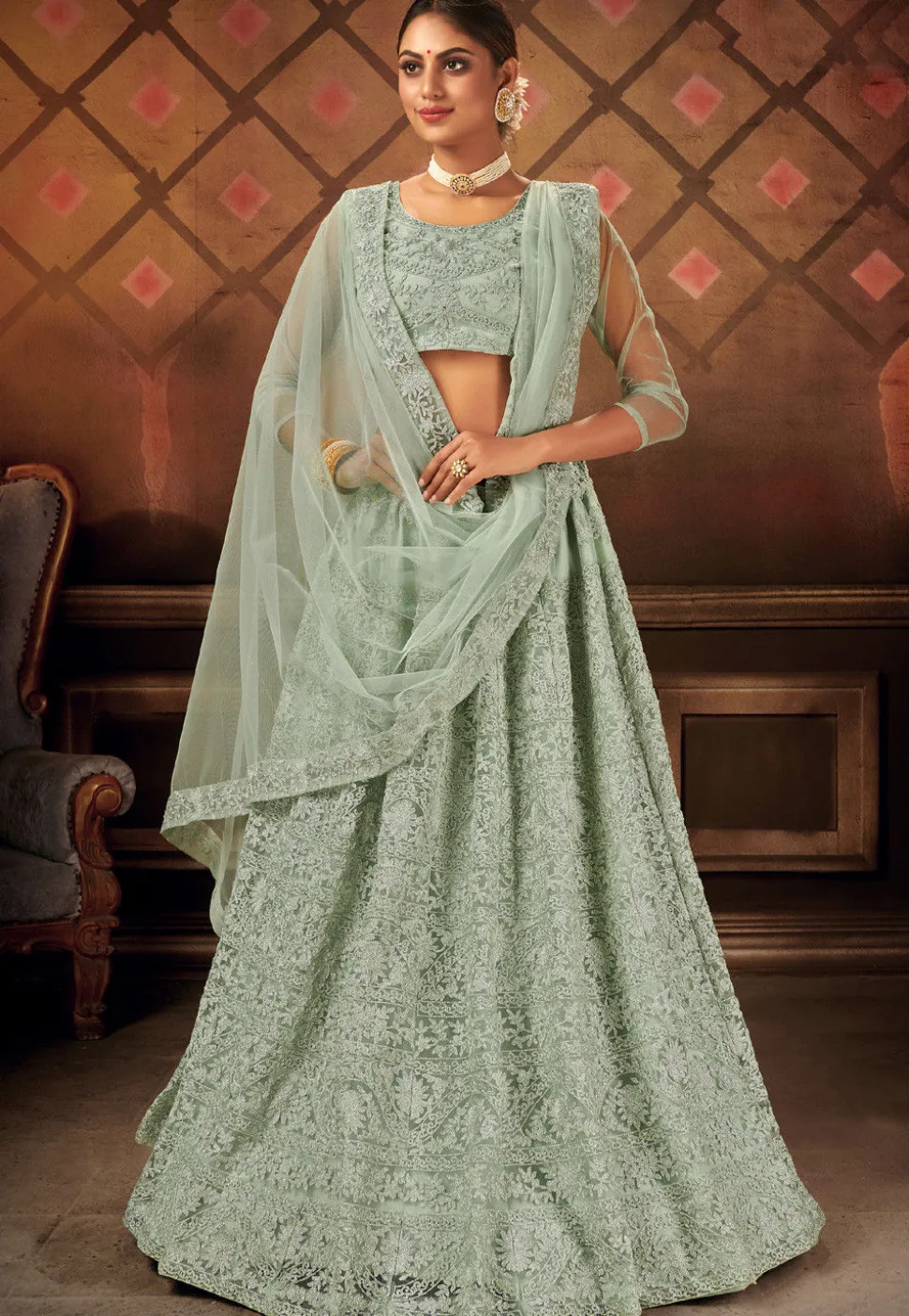 Embroidered Net Lehenga in Pastel Green