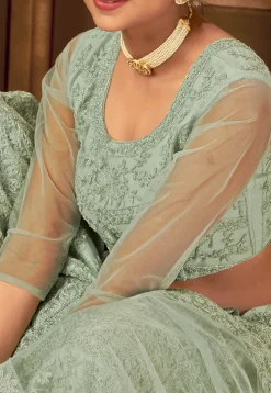 Embroidered Net Lehenga in Pastel Green