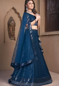 Embroidered Net Lehenga in Teal Blue