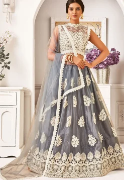 Embroidered Net Lehenga in Grey