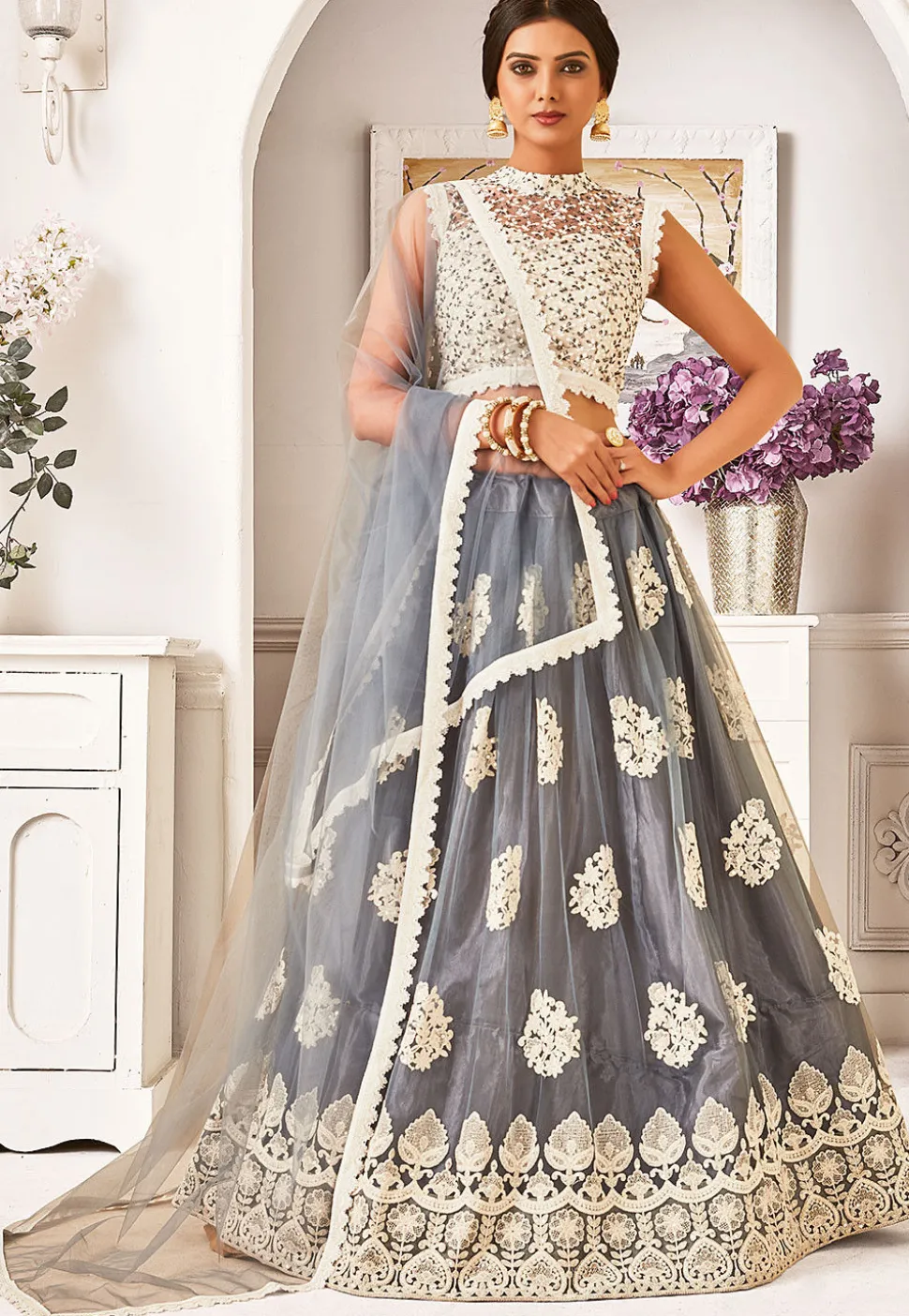 Embroidered Net Lehenga in Grey