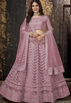 Embroidered Net Lehenga in Dusty Pink