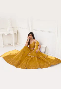 Embroidered Net Lehenga in Mustard