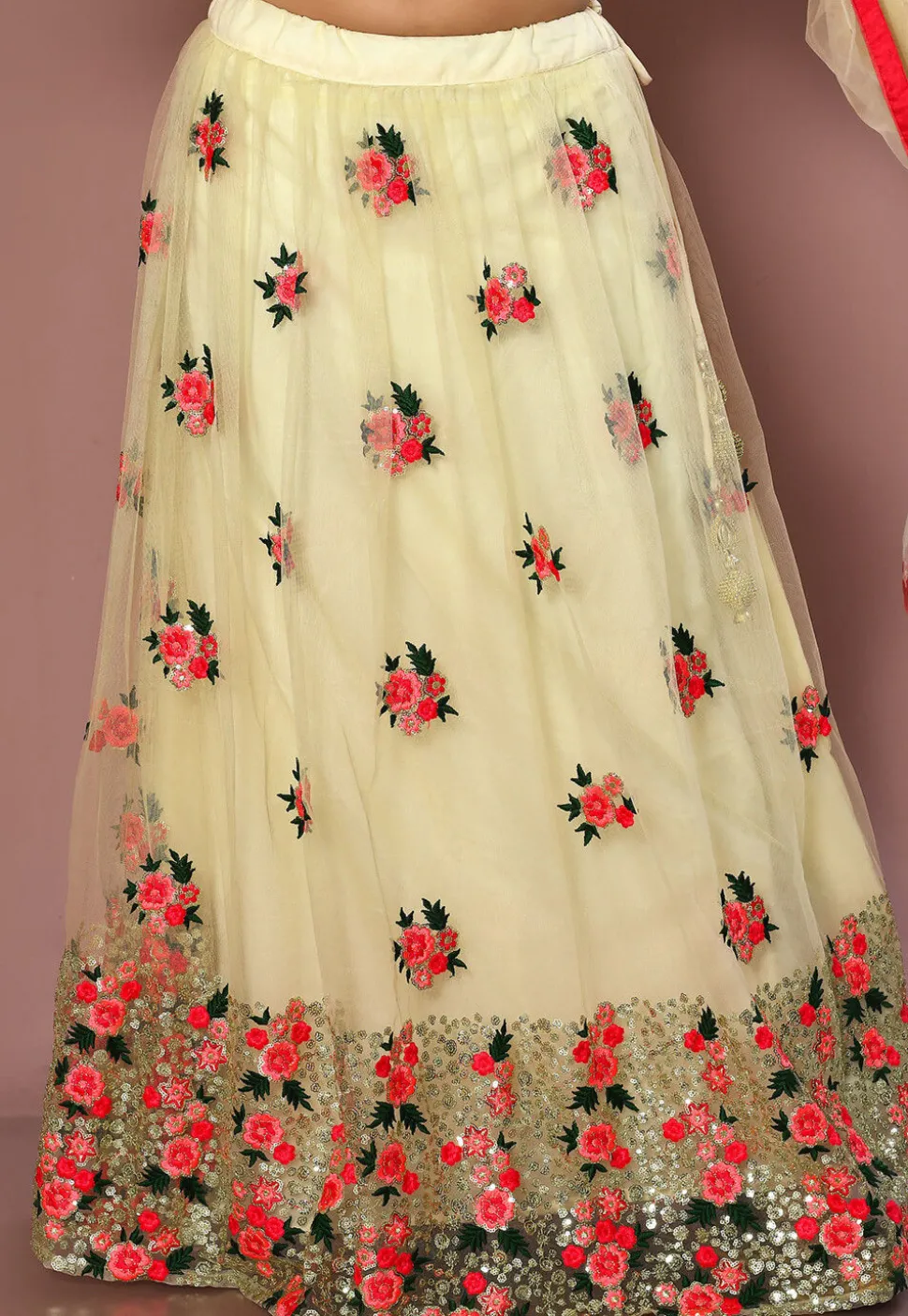 Embroidered Net Lehenga in Cream
