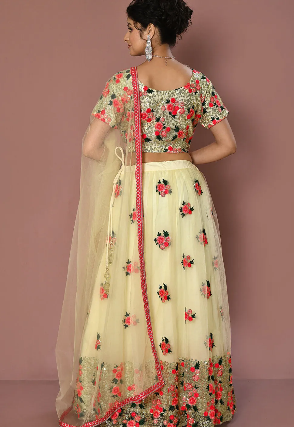 Embroidered Net Lehenga in Cream