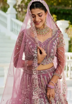 Embroidered Net Lehenga in Purple