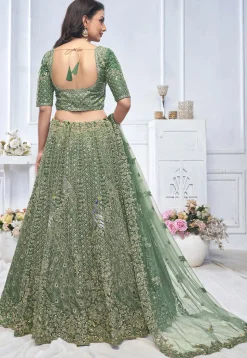 Embroidered Net Lehenga in Green