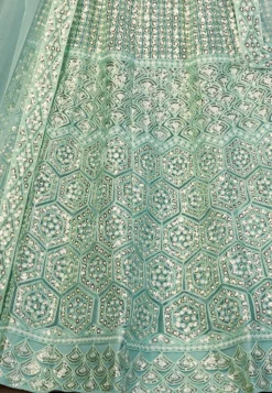 Embroidered Net Lehenga in Sea Green