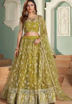 Embroidered Net Lehenga in Olive Green