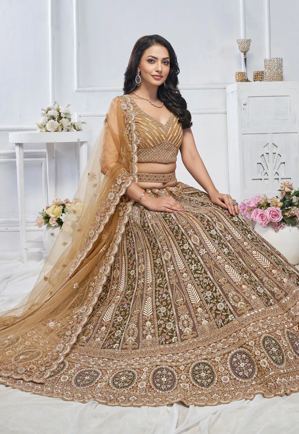 Embroidered Net Lehenga in Multicolor
