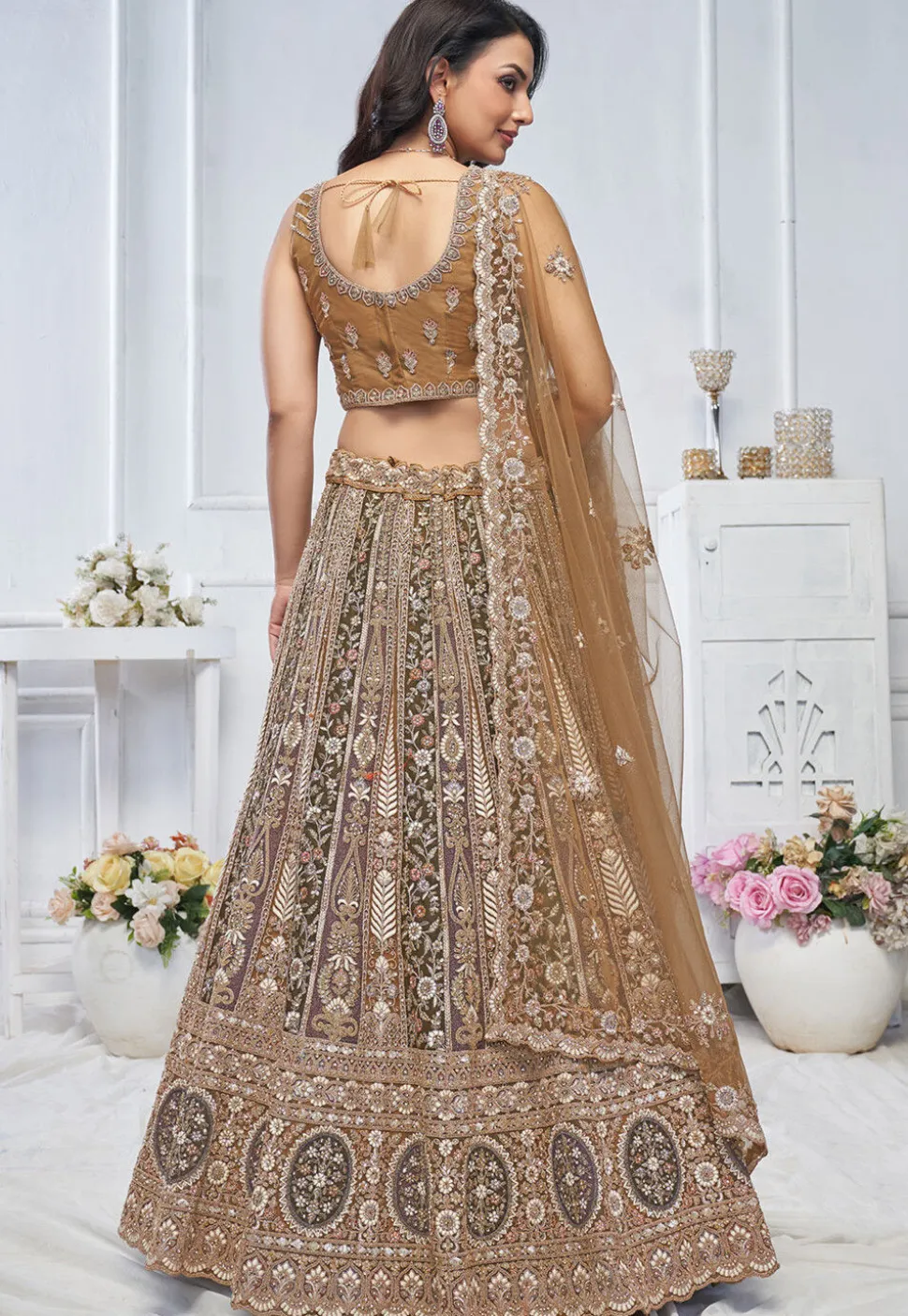 Embroidered Net Lehenga in Multicolor