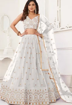 Embroidered Net Lehenga in Off White
