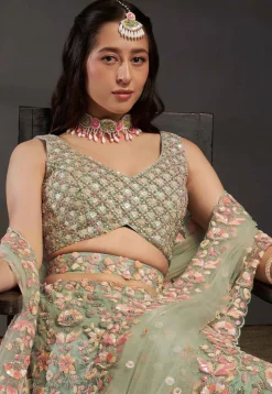Embroidered Net Lehenga in Sea Green