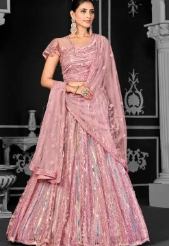 Embroidered Net Lehenga in Pink