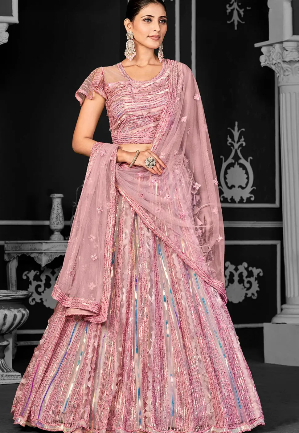 Embroidered Net Lehenga in Pink
