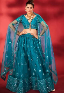 Embroidered Net Lehenga in Teal Blue
