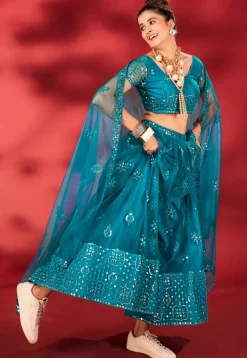 Embroidered Net Lehenga in Teal Blue