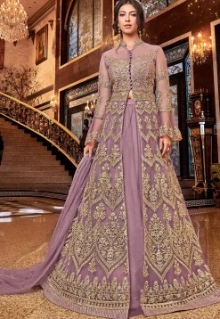 Embroidered Net Lehenga in Light Purple