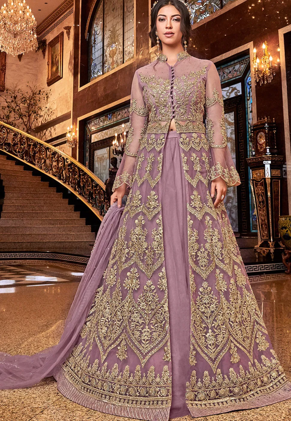 Embroidered Net Lehenga in Light Purple