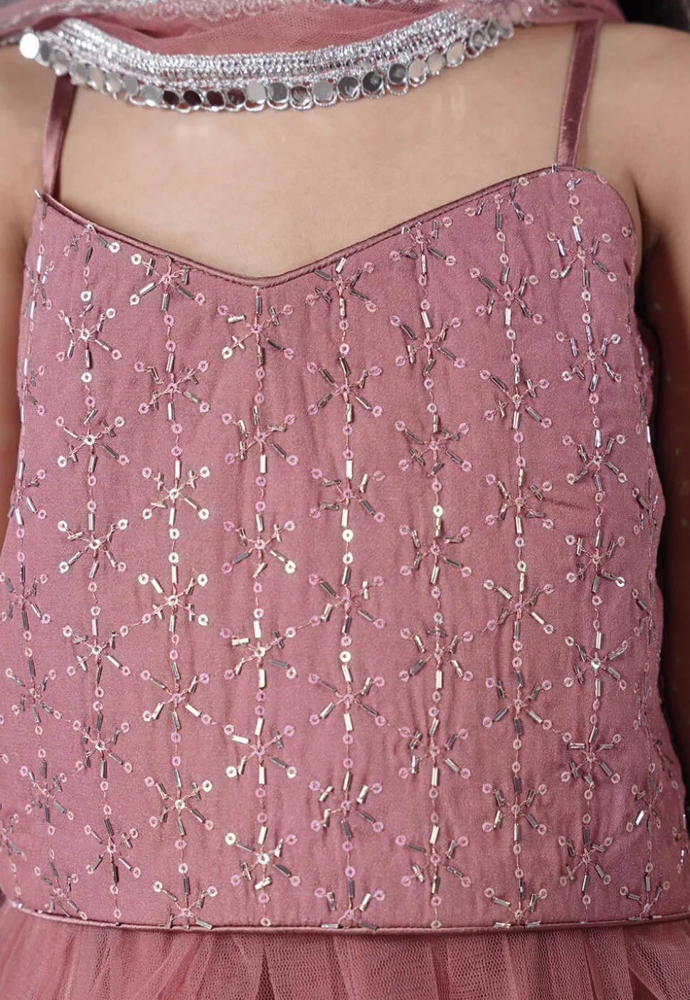 Embroidered Net Lehenga in Old Rose