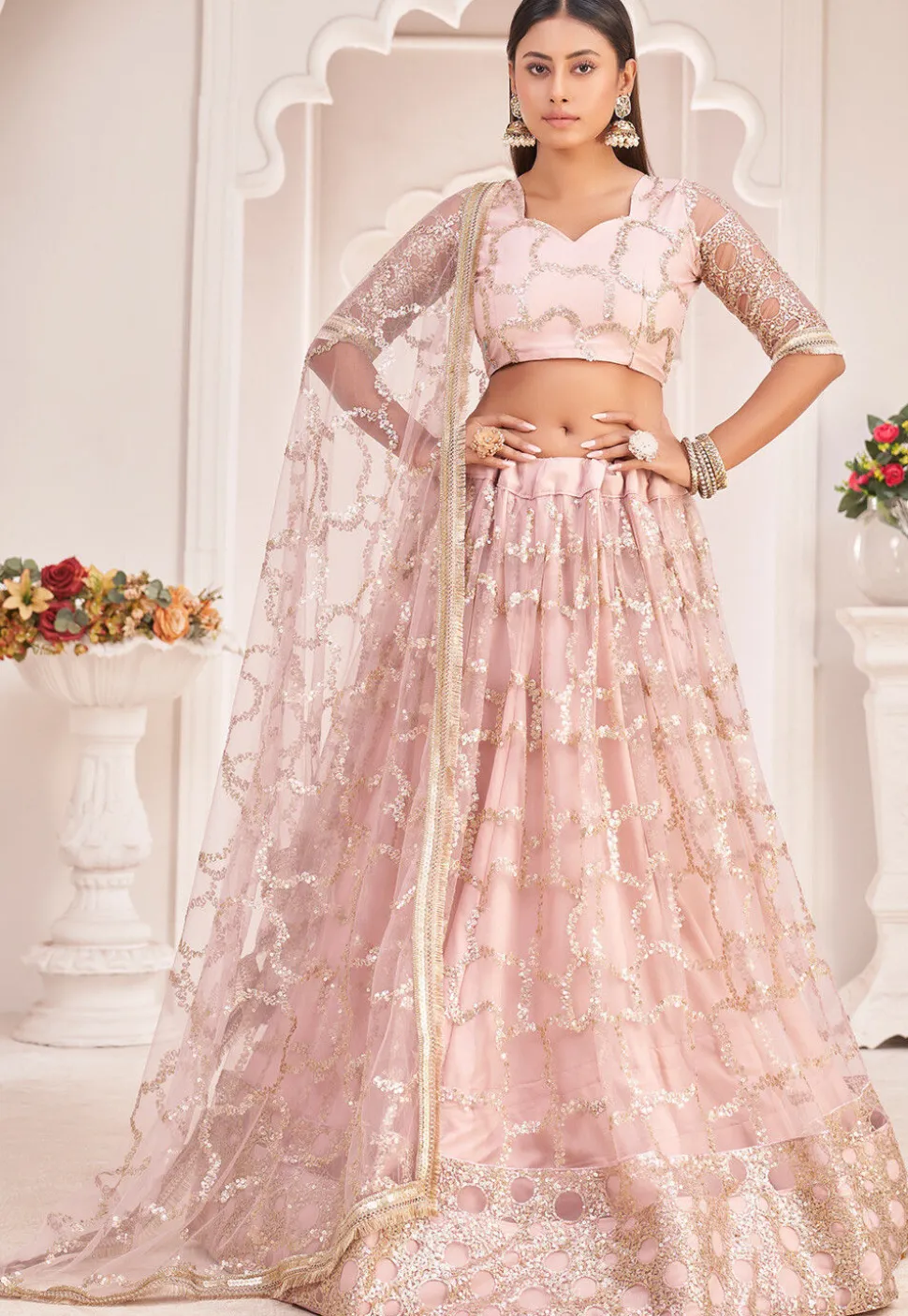 Embroidered Net Lehenga in Pink