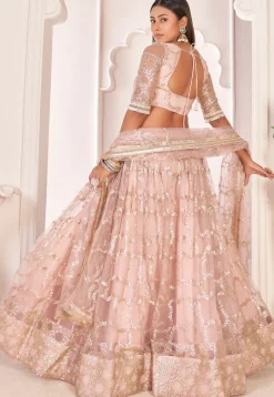 Embroidered Net Lehenga in Pink