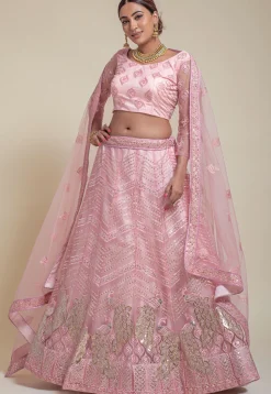 Embroidered Net Lehenga in Pink