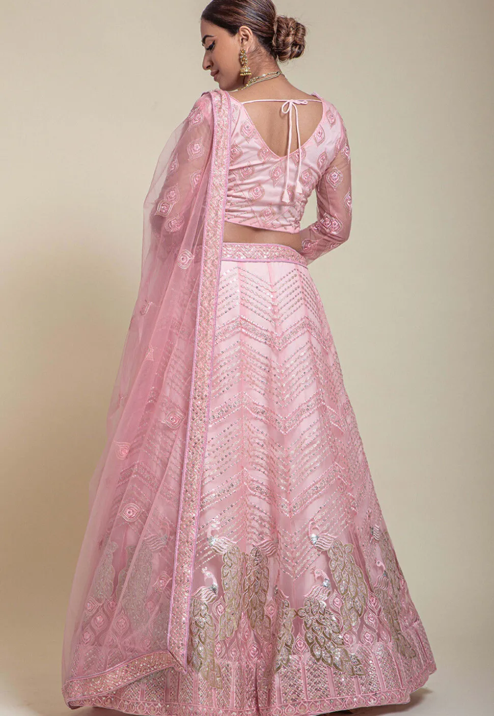 Embroidered Net Lehenga in Pink