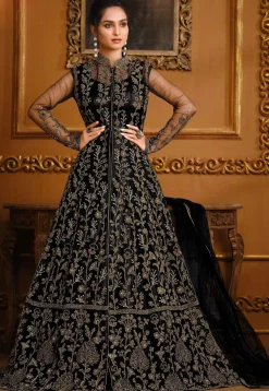 Embroidered Net Lehenga in Black
