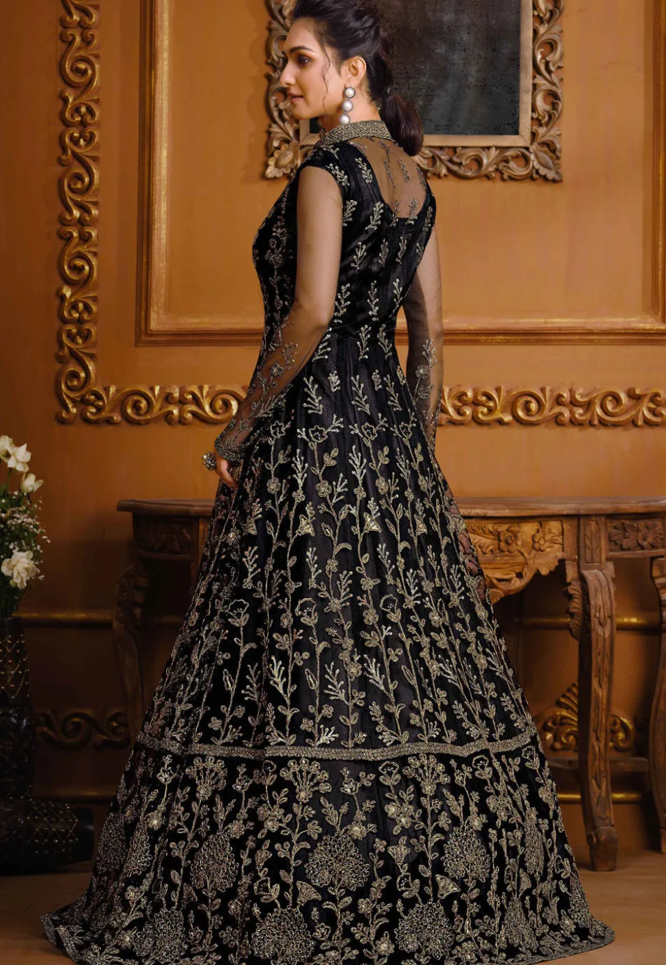 Embroidered Net Lehenga in Black