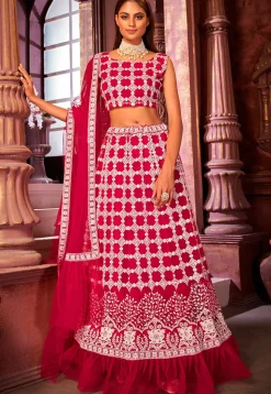 Embroidered Net Lehenga in Dark Pink