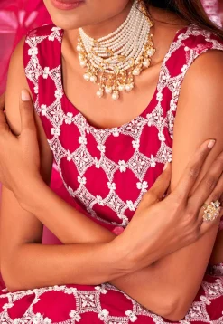 Embroidered Net Lehenga in Dark Pink