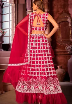 Embroidered Net Lehenga in Dark Pink