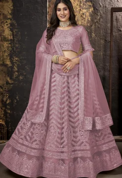 Embroidered Net Lehenga in Pink