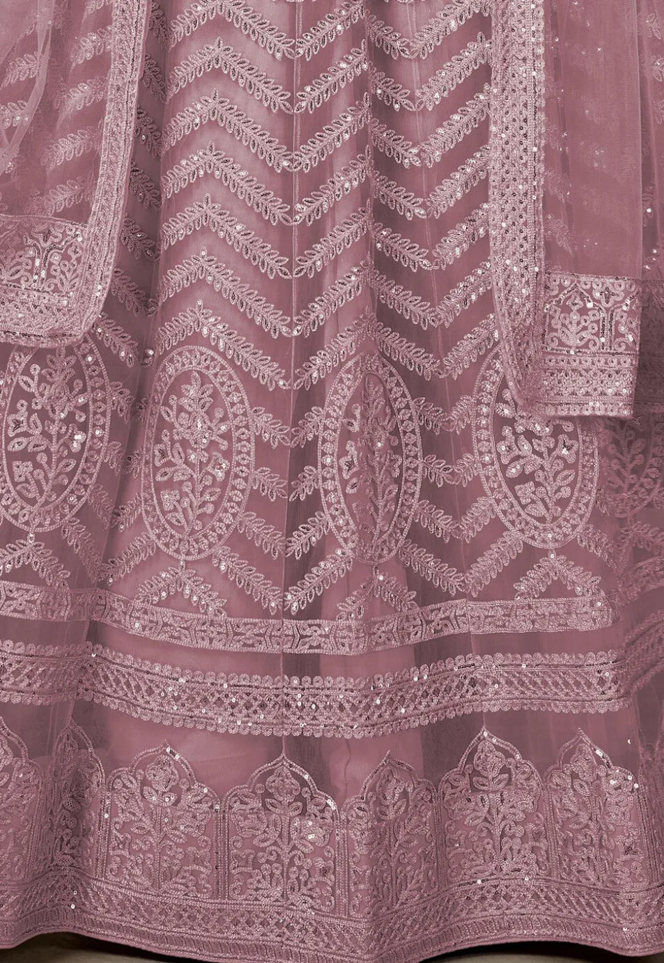 Embroidered Net Lehenga in Pink