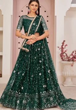 Embroidered Net Lehenga in Dark Green