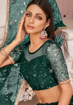 Embroidered Net Lehenga in Dark Green