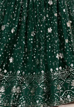 Embroidered Net Lehenga in Dark Green