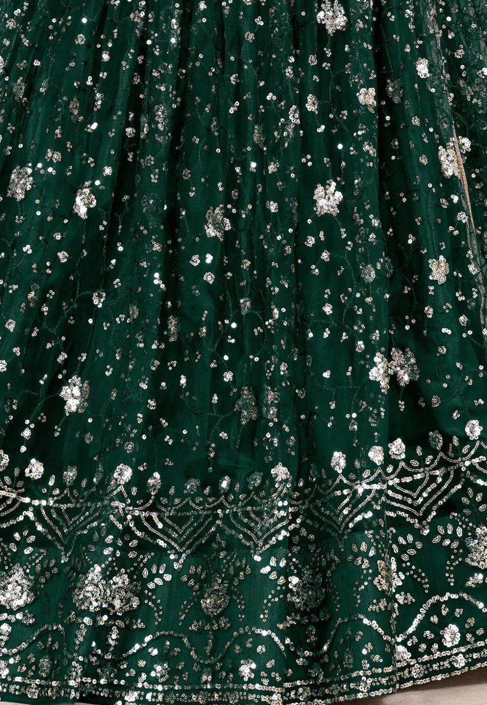 Embroidered Net Lehenga in Dark Green