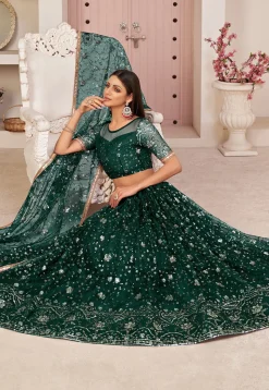 Embroidered Net Lehenga in Dark Green