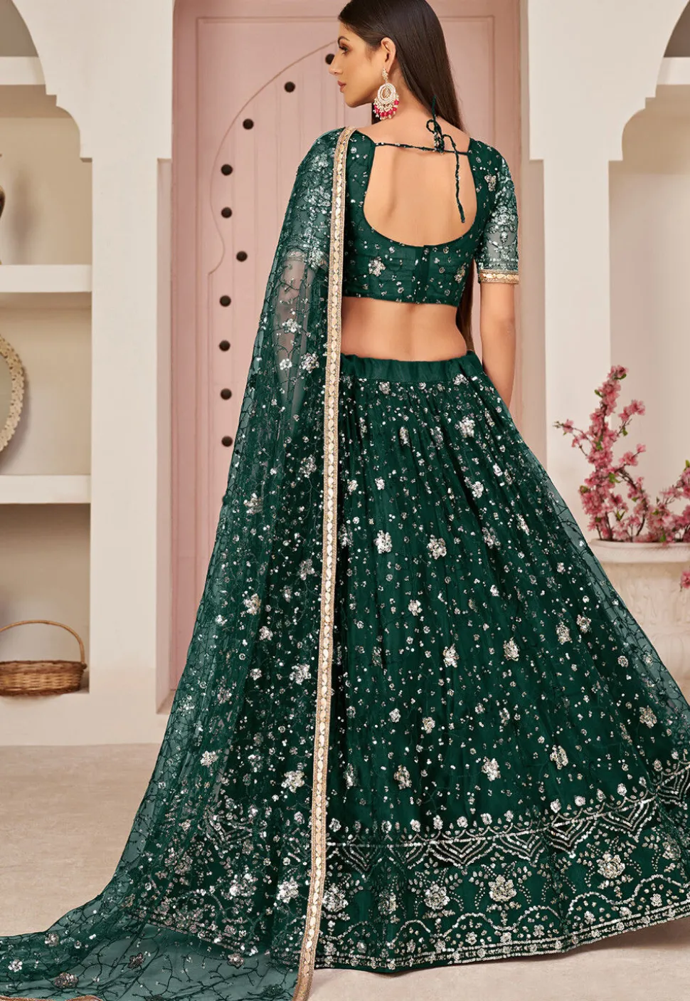 Embroidered Net Lehenga in Dark Green